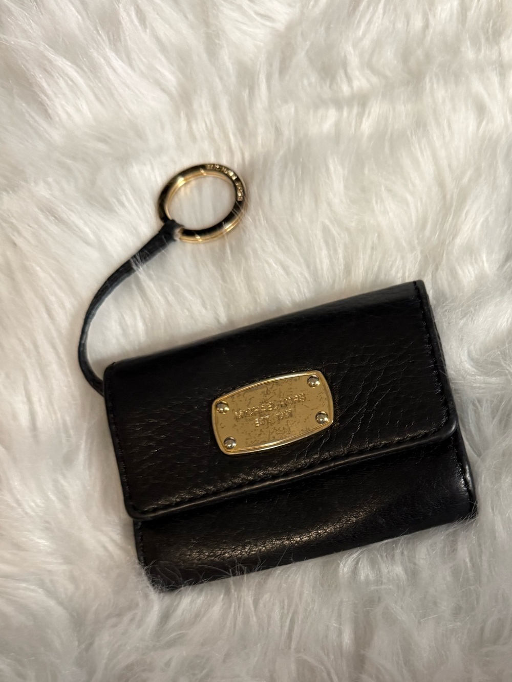 Michael Kors Black Leather Wallet Keyring with Gold Plate